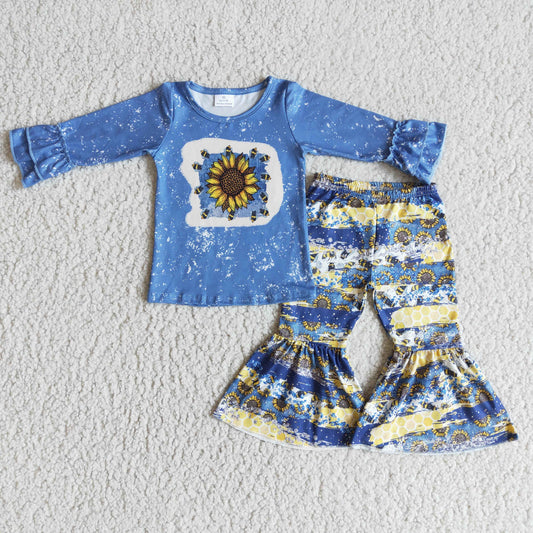 promotion Clearance 6 A26-4 Blue Sunflower Long Sleeve Girls Outfits