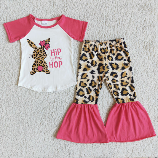 promotion RTS D7-17 Easter Pink Hip Hop Rabbits Leopard Print Girls Short Sleeve Bell Bottom Pants Outfits