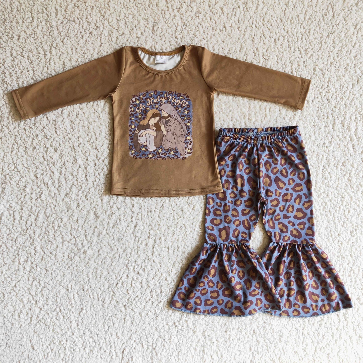 GLP0286 Christmas Brown Jesus Leopard Girls Long Sleeve Bell Bottom Pants Outfits
