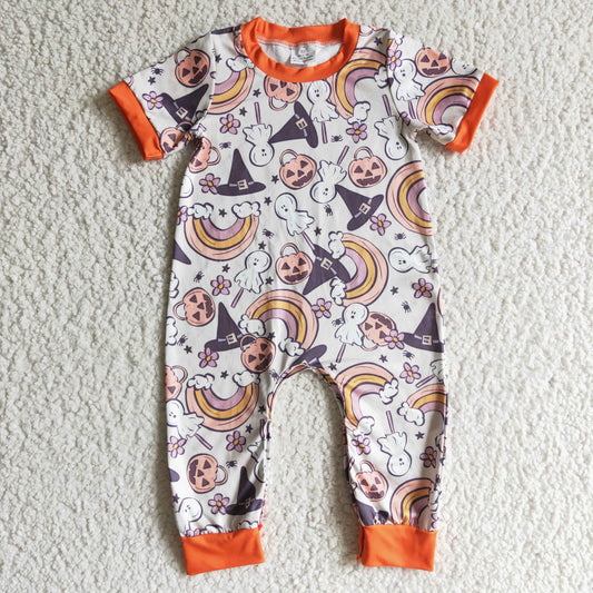 SR0085 Halloween Orange Plaid Rainbow Pumpkin Ghost Witch Cartoon Boys Short Sleeve Romper