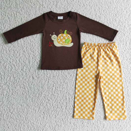 BLP0017 Halloween Pumpkin Snail Brown Orange Plaid Embroidery Boys Long Sleeve Pants Outfits
