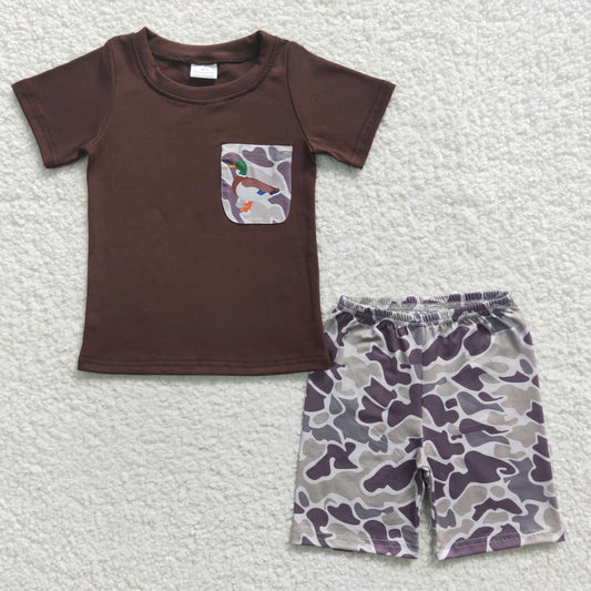 BSSO0204 Brown Camo Duck Pocket Boys Short Sleeve Shorts Outfits