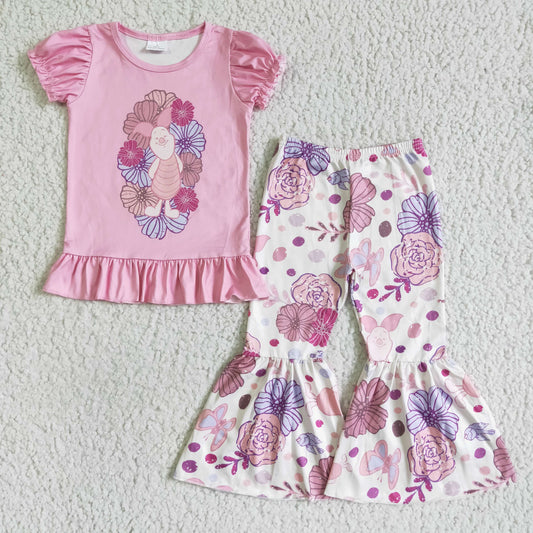 GSPO0143 Pink Pig Cartoon Floral Ruffles Girls Short Sleeve Bell Bottom Pants Outfits