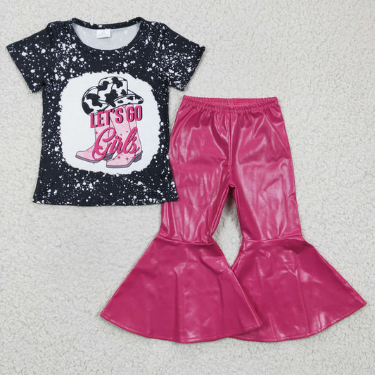 GSPO448 2Pcs GT0125 Black Pink Let's Go Cowboy Top + P0048 Pink  Girls Long Sleeve Pants Outfits