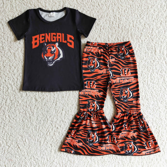 promotion RTS GSPO0187 Black Orange Tiger Football Team Letter Girls Short Sleeve Bell Bottom Pants Outfits
