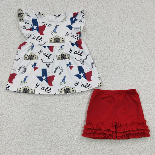 promotion RTS C14-17 4th Of July Summer Yall Highland Cow Cowboy Red Blue Flag Girls Short Sleeve Shorts Outfits