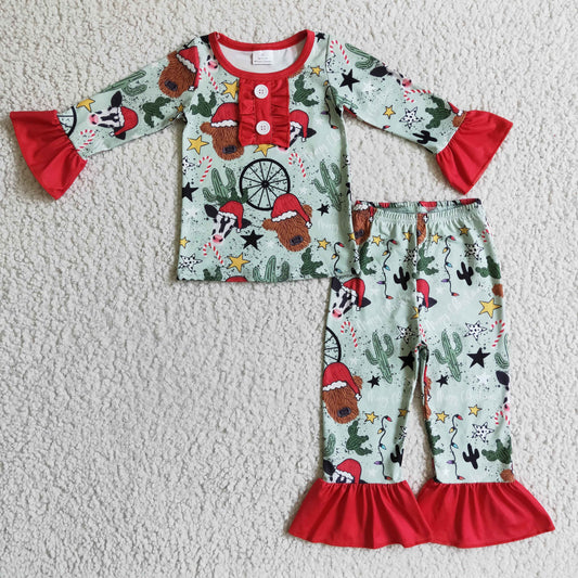 GLP0320 Christmas Red Green Highland Cow Santa Cactus Western Girls Long Sleeve Pants Outfits Pajamas
