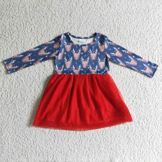 GLD0106 Christmas Deer Blue Red Tulle Tutu Girls Long Sleeve Dresses