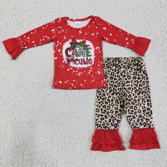 GLP0329 Christmas Red Black Plaid Candy Cutie Cane Leopard Girls Long Sleeve Pants Outfits