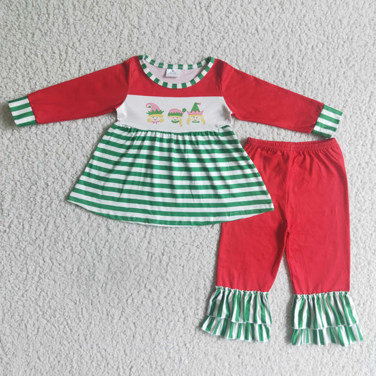 GLP0057 Christmas Green Stripes Red Cartoon Ruffles Tunic Girls Long Sleeve Pants Outfits