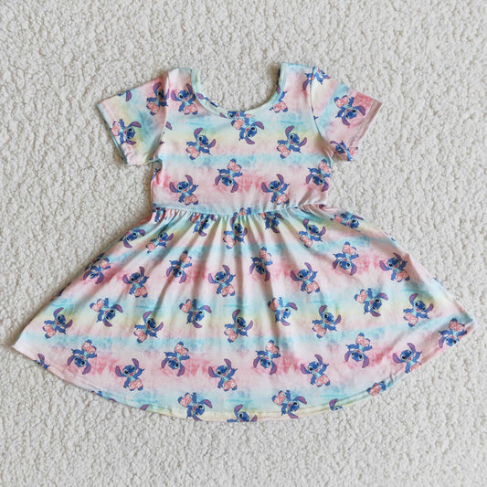 E8-17 Blue Cartoon Print Girls Short Sleeve Dresses