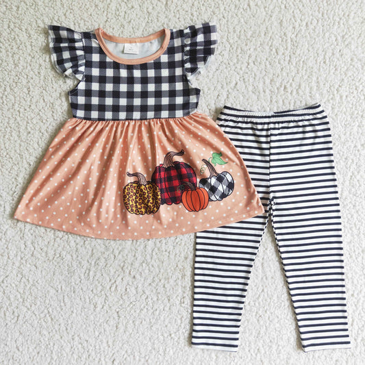 GSPO0170 Halloween Orange Pumpkin Black Plaid Stripes Tunic Girls Short Sleeve Pants Outfits
