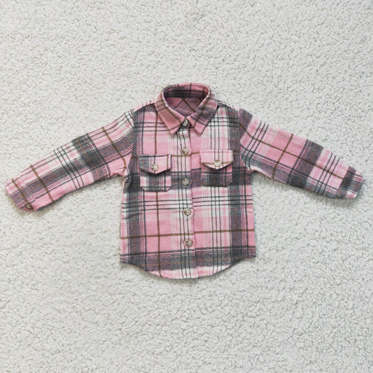 GT0094 Pink Plaid Girls Long Sleeve Top Winter Collar T-Shirts