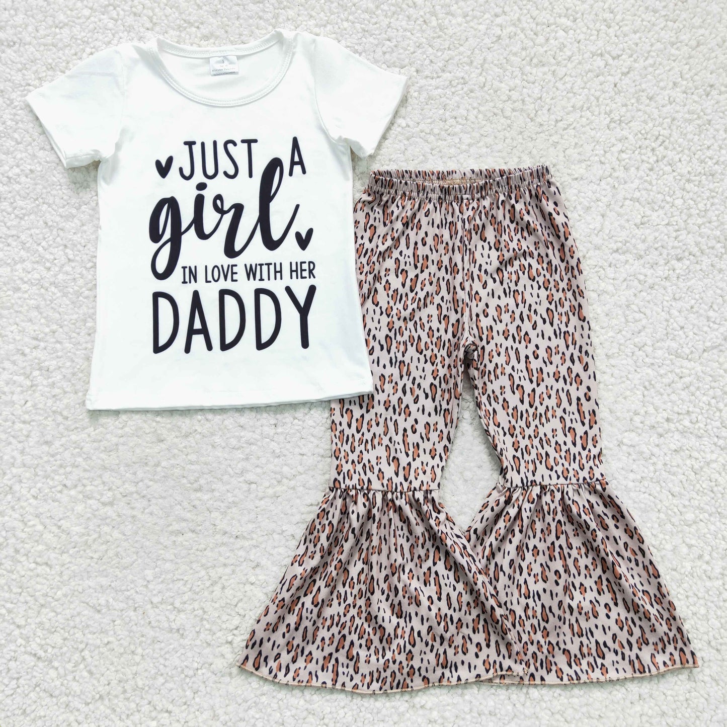 promotion RTS GSPO0266 Just A Girl In Love With Her Daddy Pink Leopard Girls Short Sleeve Bell Bottom Pants Outfits