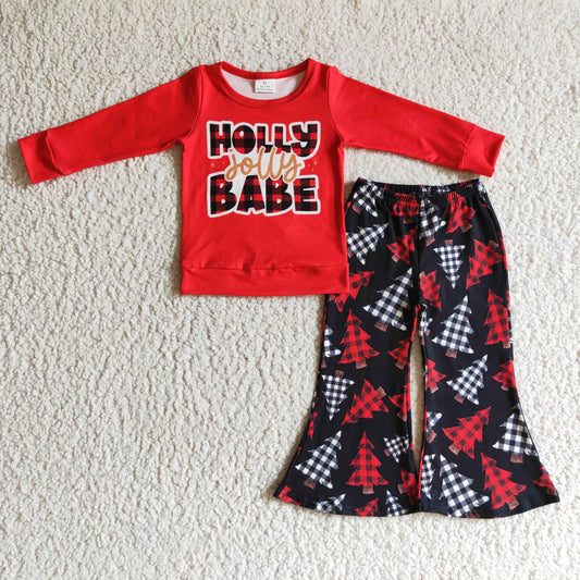 GLP0243 Christmas Tree Red Hooly Baby Girls Long Sleeve Pants Outfits