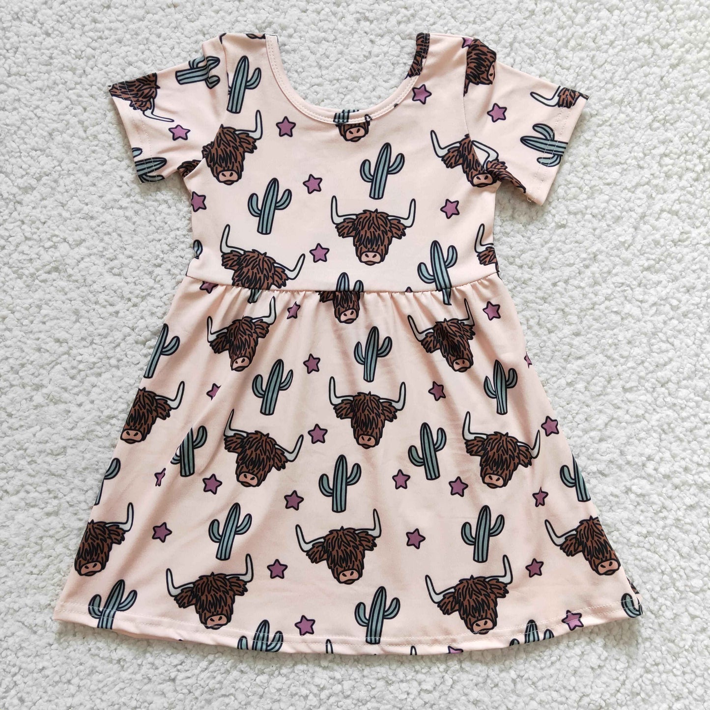GSD0178 Cactus Highland Cow Girls Short Sleeve Dresses