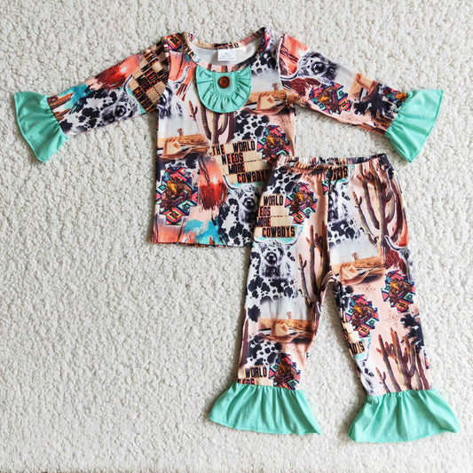 Clearance 6 A7-4 Western Print Ruffles Green Cow Girls Long Sleeve Pants Outfits Pajamas