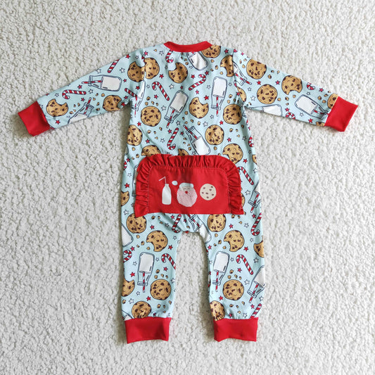LR0185 Christmas Red Blue Santa Milk Cake Cookies Ruffles Girls Long Sleeve Romper