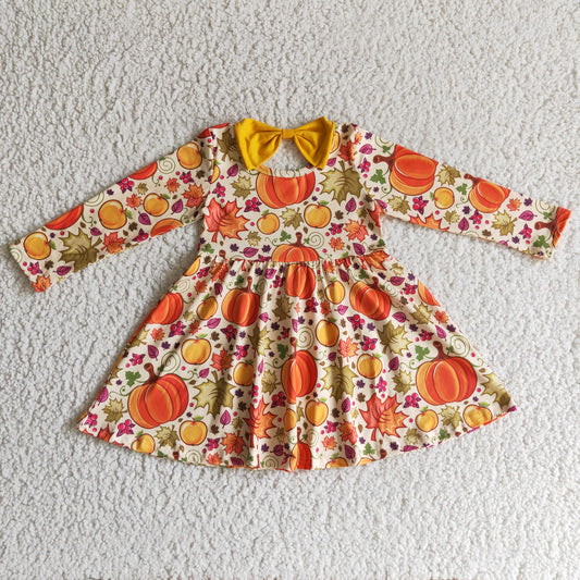 promotion RTS GLD0055 Halloween Pumpkin Yellow Leaf Leaves Girls Long Sleeve Dresses