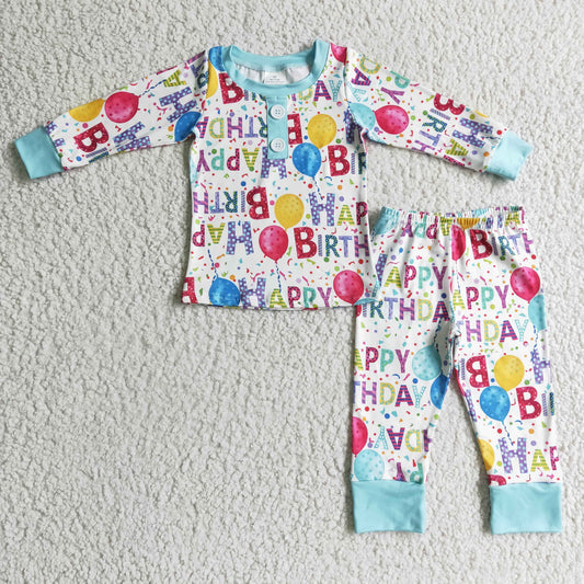 BLP0142 Happy Birthday Blue Bulloon Boys Long Sleeve Pants Outfits Pajamas
