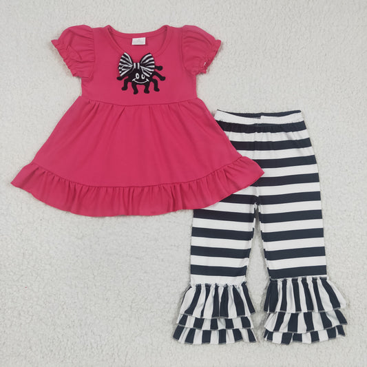 Clearance C2-8-1 Pink Black Stripes Spider Embroidery Tunic Girls Short Sleeve Bell Bottom Pants Outfits