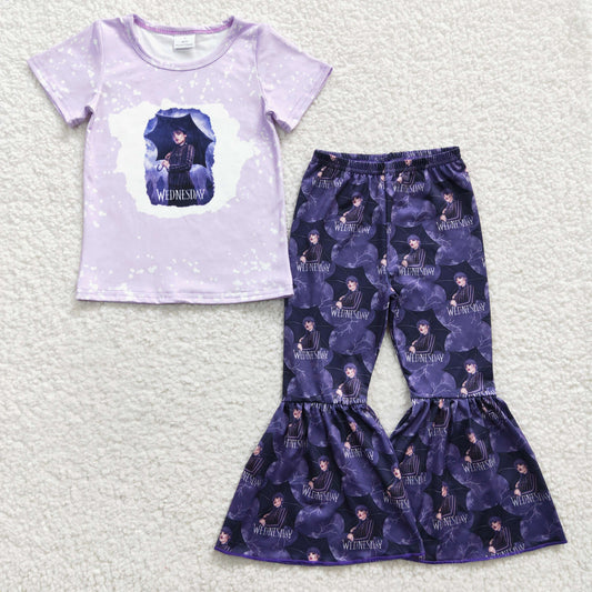 GSPO0448 Purple Cartoon Princess Girls Short Sleeve Bell Bottom Pants Outfits