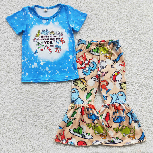 GSPO0527 Dr Blue Red Cat hat Cartoon Girls Short Sleeve Bell Bottom Pants Outfits