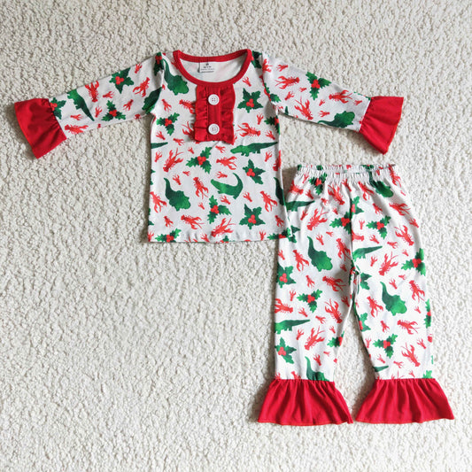 Clearance 6 A2-27 Christmas Red Green Cartoon Dinosaur Crab Girls Long Sleeve Pants Outfits Pajamas