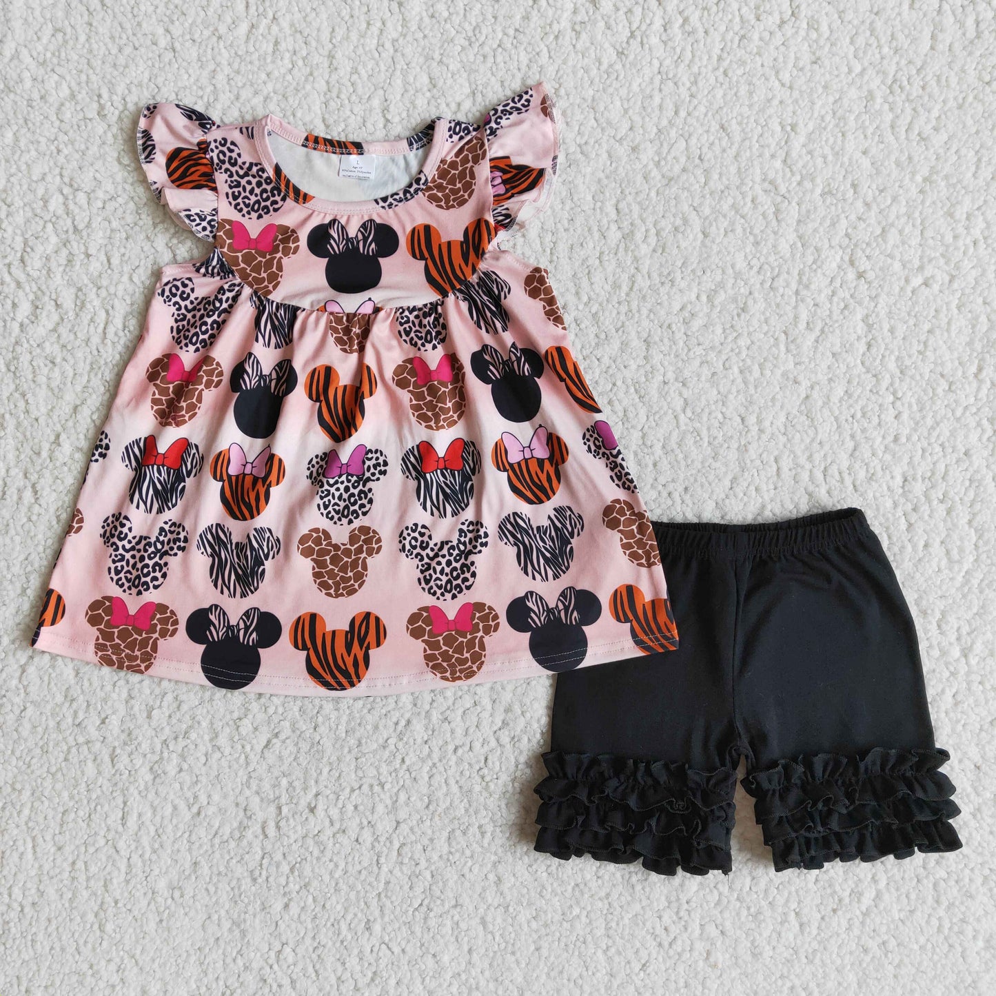 promotion RTS B1-4 Pink Leopard Mouse Cartoon Girls Flutter Sleeve Shorts Outfits