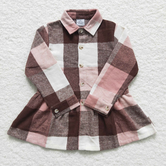 GT0090 Pink Plaid Collar Girls Long Sleeve Top