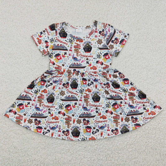 GSD0290 Red Blue M Cartoon Castle Girls Short Sleeve Dresses