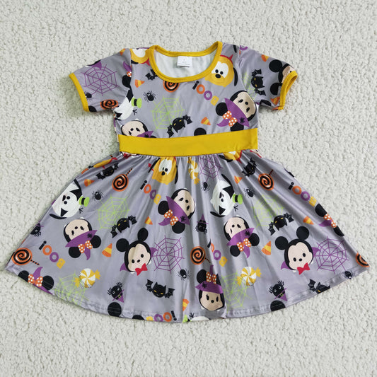 promotion RTS GSD0133 Halloween Purple Yellow Mouse Cartoon Girls Short Sleeve Dresses