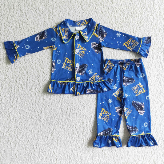 6 C6-37 Blue Cartoon Collar Girls Long Sleeve Pajamas