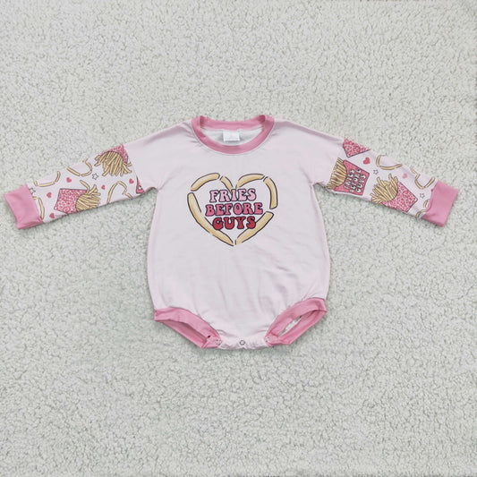 LR0231 Valentine Love Pink Bleach Fries Before Guys Girls Long Sleeve Romper