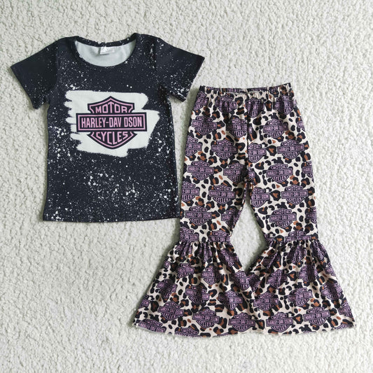 GSPO0149 Purple Black Leopard Motor Cartoon Girls Short Sleeve Bell Bottom Pants Outfits