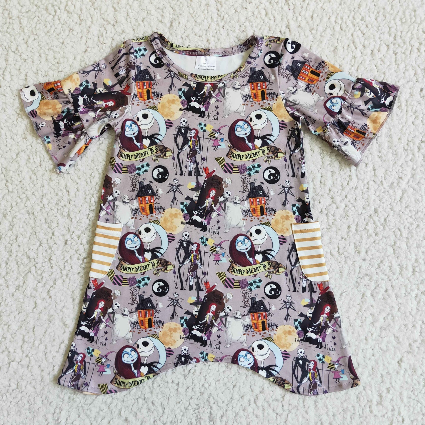 GSD0111 Halloween Purple Bride Cartoon Yellow Stripes Pockets Girls Short Sleeve Dresses