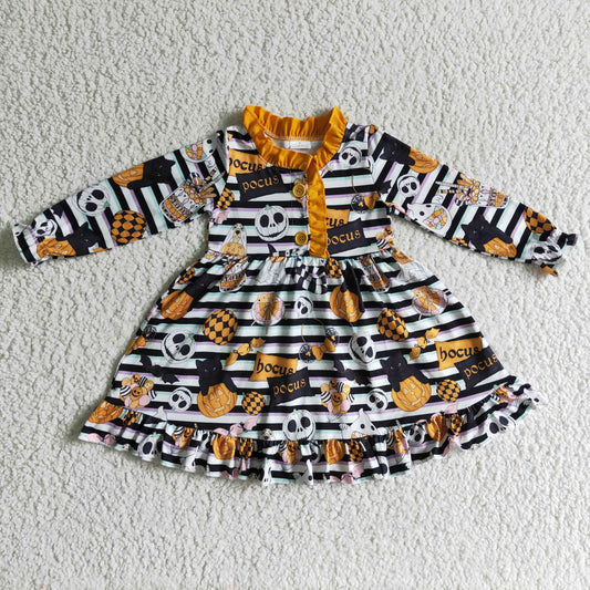promotion RTS GLD0104 Halloween Pumpkin Snake Cat Orange Black Stripes Ghost Cartoon Collar Girls Long Sleeve Dresses