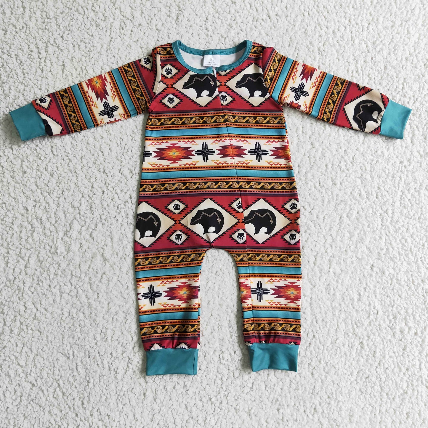 LR0183 Blue Bear Stripes Western Print Zipper Girls Long Sleeve Romper