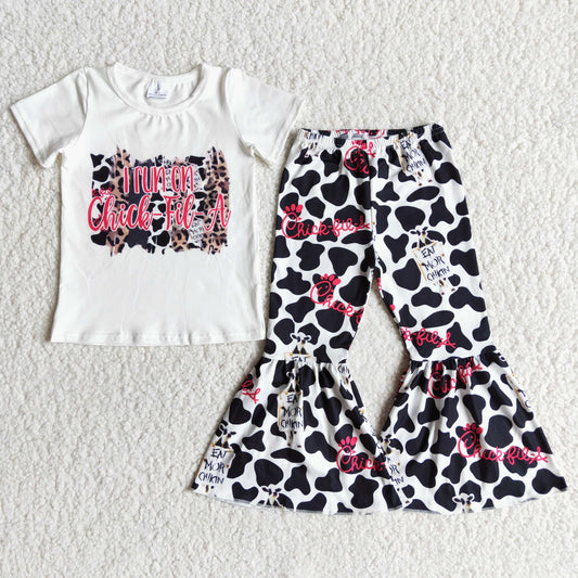 promotion RTS E7-2 Chick Cow Print With Bow Headband 3pcs Girls Short Sleeve Bell Bottom Pants Outfits
