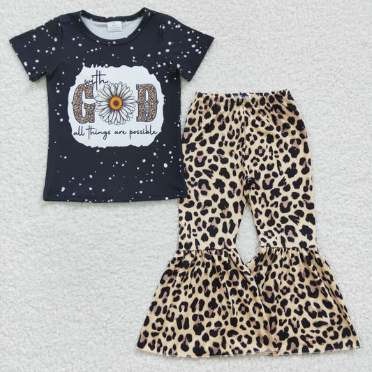 GSPO0478 Black Leopard God Sunflower Girls Short Sleeve Bell Bottom Pants Outfits