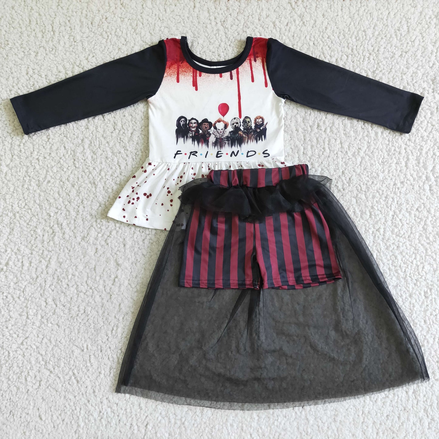 promotion RTS GLD0041 Halloween Red Clown Cartoon Friends Tulle Tutu Skirt Dresses Girls Long Sleeve Bummies Outfits