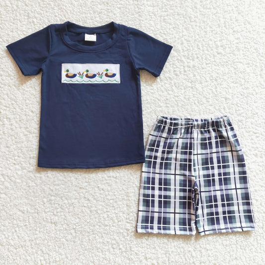 promotion RTS BSSO0128 Duck Blue Plaid Embroidery Boys Short Sleeve Shorts Outfits