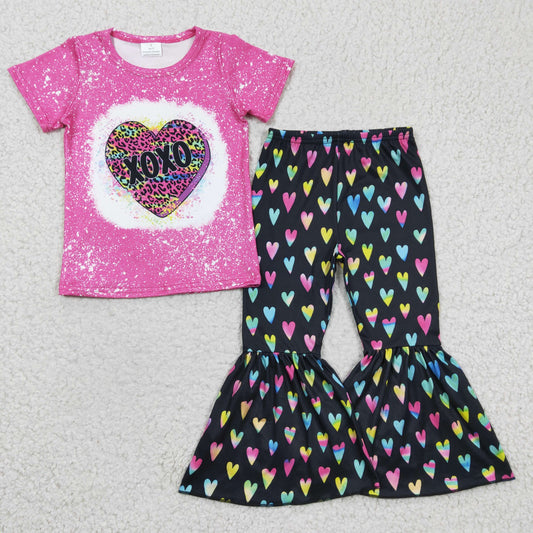 GSPO0379 Valentine Love Pink Bleach Leopard Girls Short Sleeve Bell Bottom Pants Outfits