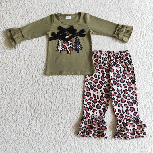 GLP0231 Christmas Tree Green Leopard Bow Ruffles Embroidery Girls Long Sleeve Pants Outfits