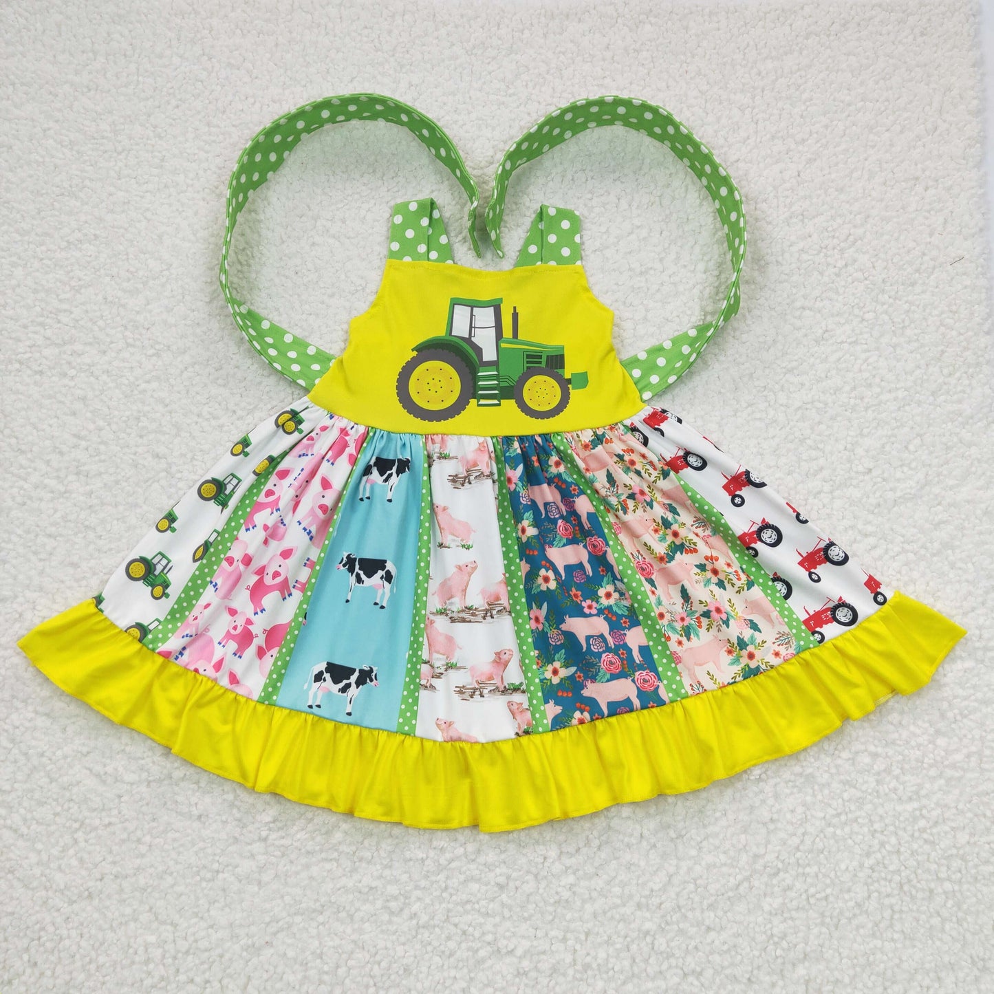 promotion RTS A0-21 Green Yellow Dot Car Truck Print Patchwork Girls Sleeveless Dresses