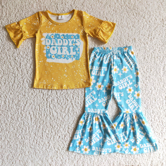 GSPO0197 Yellow Blue Bleach Sunflower Floral Daddy Girls Short Sleeve Bell Bottom Pants Outfits