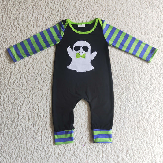 LR0132 Halloween Glasses Ghost Cartoon Green Blue Stripes Embroidery  Boys Long Sleeve Romper