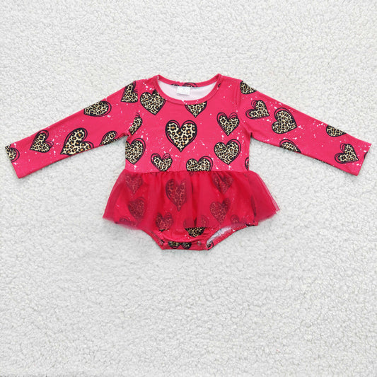 LR0253 Valentine Love Pink Leopard Tutu Tulle Girls Long Sleeve Romper