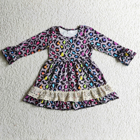 promotion GLD0148 Blue Yellow Leopard Lace Ruffles Girls Long Sleeve Dresses
