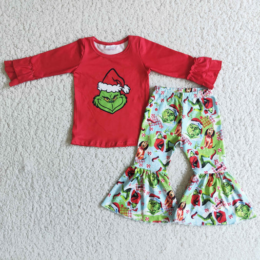 Clearance 6 C9-25 Red Green Santa Christmas Cartoon Girls Long Sleeve Bell Bottom Pants Outfits